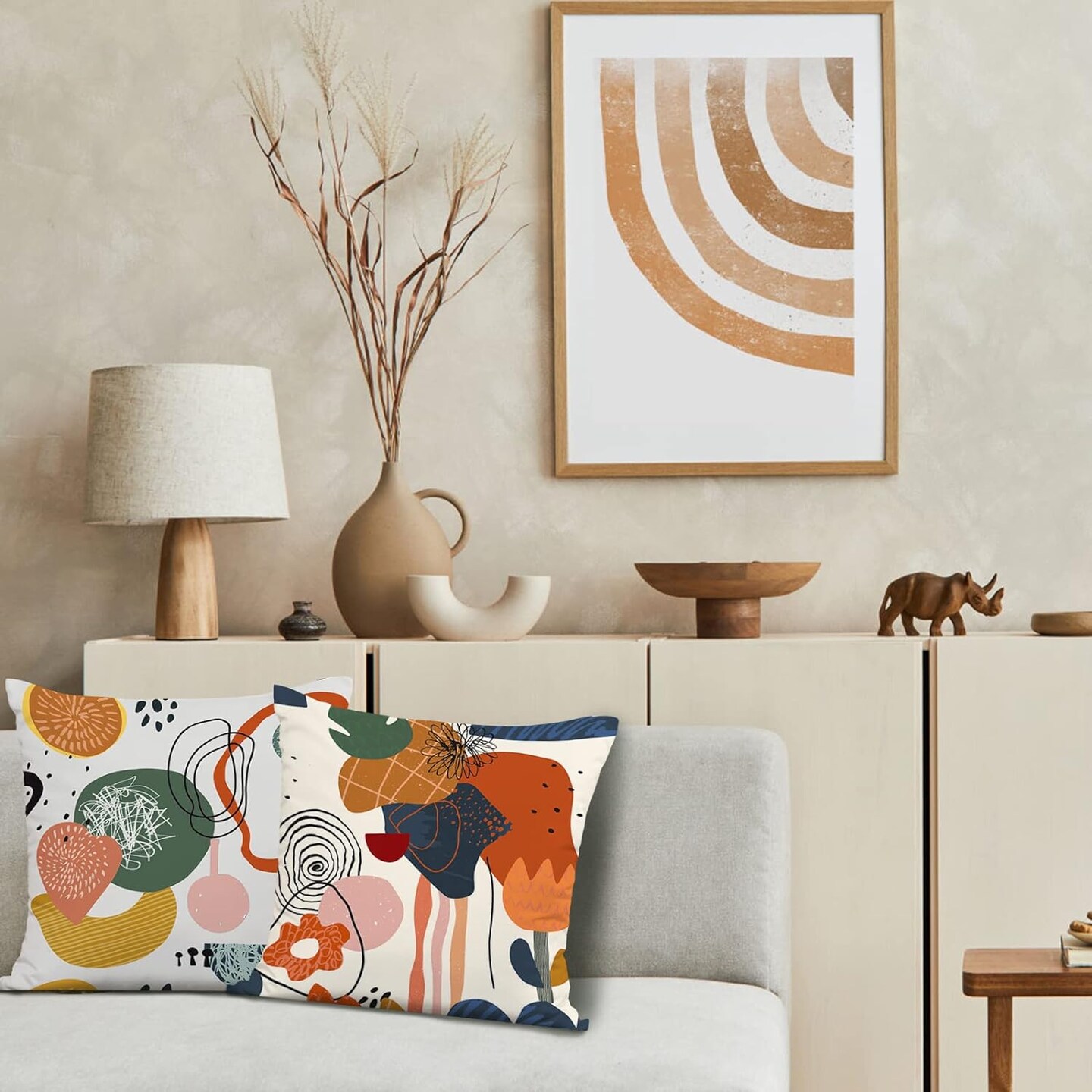 Abstract Mid Century Modern Throw Pillow Covers 18x18 Colorful Boho Orange Aesthetic Floral Geometric Pillow Covers for Couch Outdoor Decor Set of 4