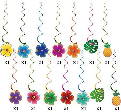 30 Pcs Hawaiian Tropical Luau Birthday Party Hanging Swirls Hibiscus Flower Foil Ceiling Decorations for Summer Tiki Cocktail Beach Decoration Supplies