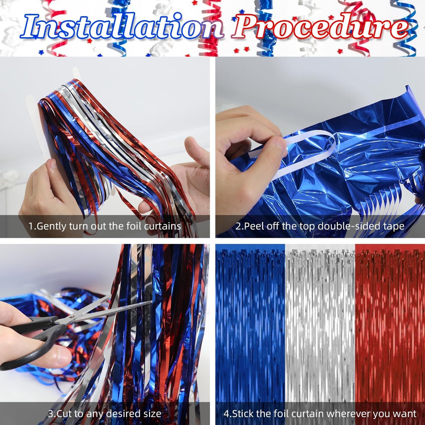 2 Pack 4th of July Party Supplies,3.28 Ft x 6.56 Ft 4th of July Tinsel Backdrop,Blue Silver Red Color Fringe Curtains Streamer Backdrop,4th of July Photo Backdrop Party Decorations