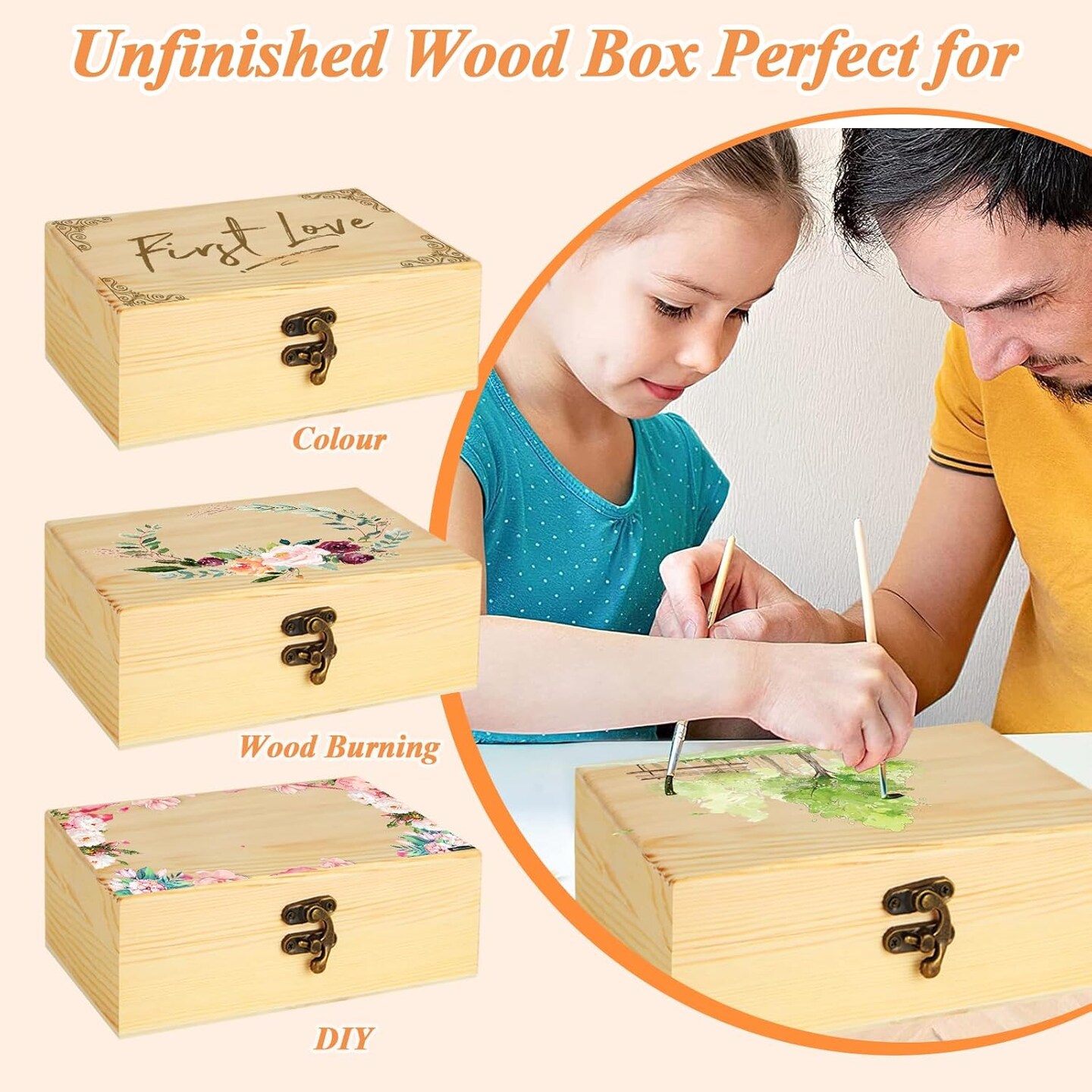 4 Pack Unfinished Wooden Box, 7x5x2 Inch Wooden Box with Hinged Lid, Small Natural Pine Wood Boxes for Crafts, DIY, Arts Hobbies and Home Storage
