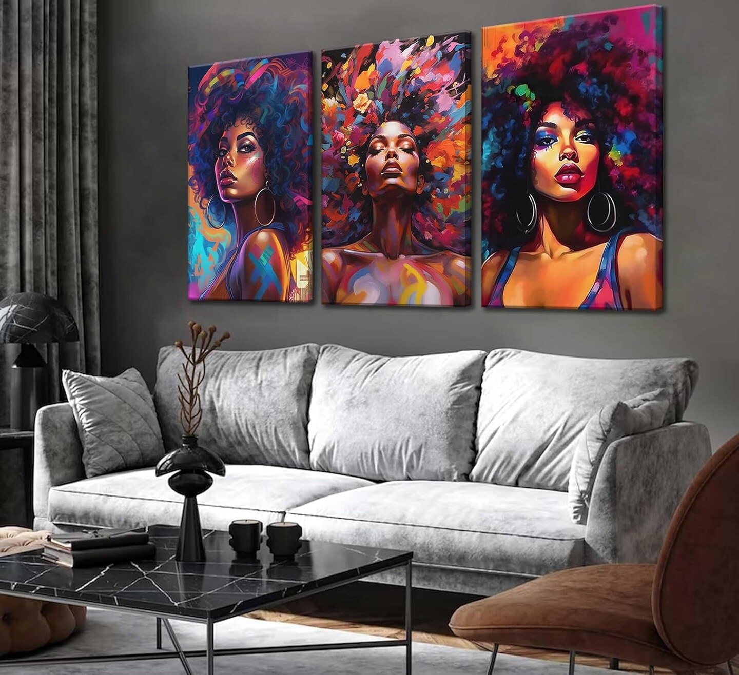 3Pcs African American Women Canvas Wall Art Colorful Graffiti Afro Girl Painting Modern Abstract Aesthetic Pictures Wall Decor Posters Print Artwork for Living Room Bedroom Home Decoration