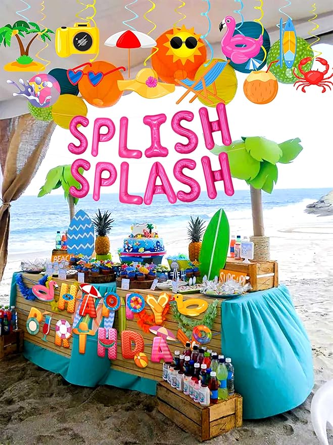 Girls Pool Party Happy Birthday Banner Pool Party Balloons Decoration Summer Birthday Decorations Splish Splash Birthday Decorations Beach Birthday Party Decorations