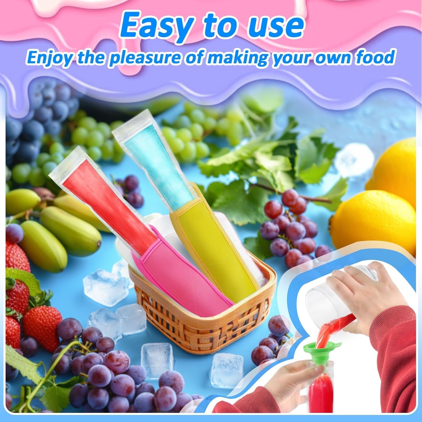 105 Popsicles Molds - 5 Ice Pop Sleeves 100 Disposable Popsicle Bags Sealable Freeze Sleeve for Fruit Snack, Yogurt Juice for Summer Party Edge Wrapped Leak - Proof Neoprene Family DIY