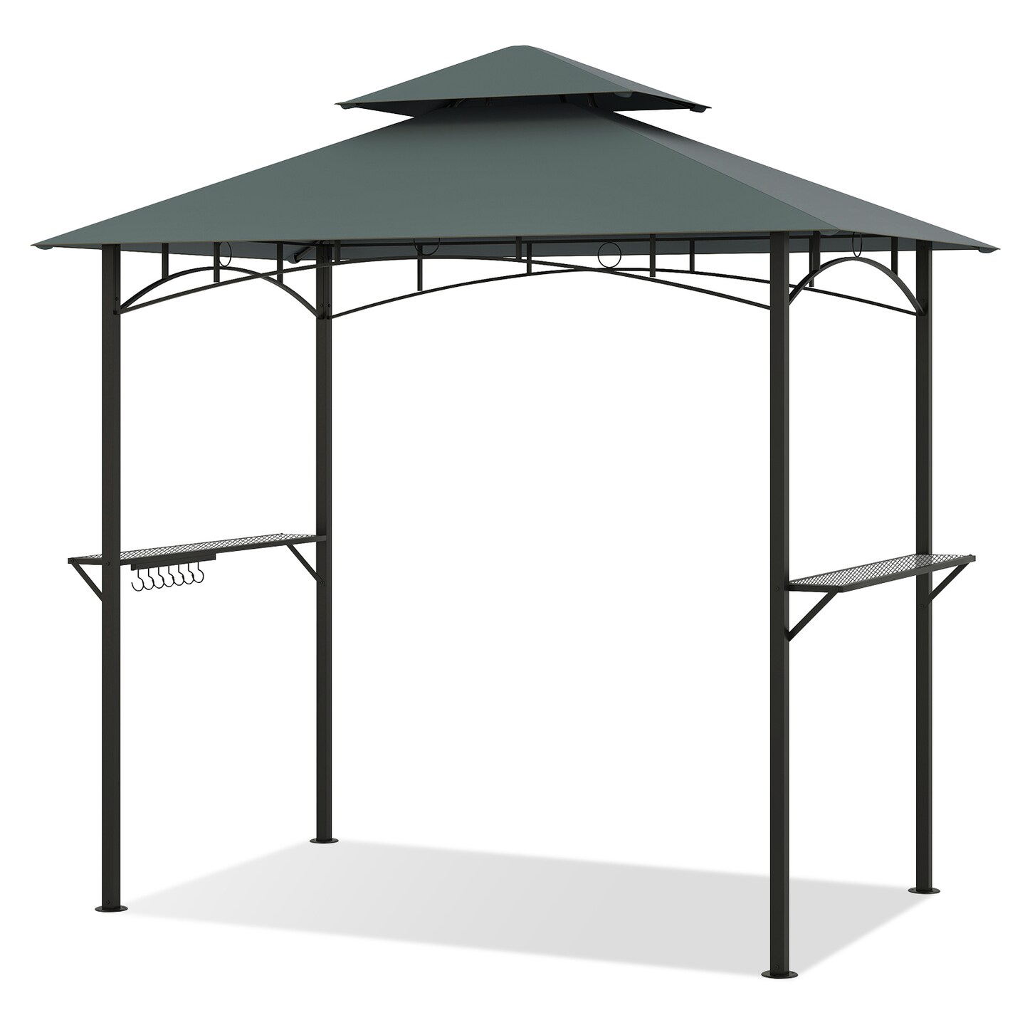 Multi-functional Outdoor Double-Tiered Grill Gazebo Canopy with 2 Side Shelves and 7 Hooks