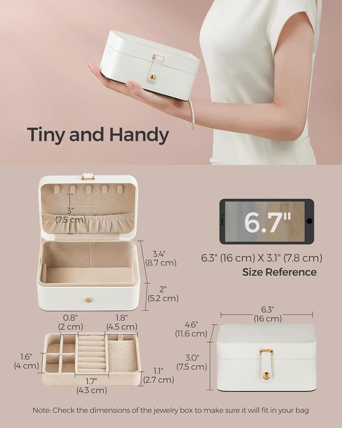 Jewelry Organizer Box – 2-Layer Travel Case for Earrings, Necklaces & Bracelets, Portable Jewelry Storage with Large Capacity, Cloud White (UJBC166W01)