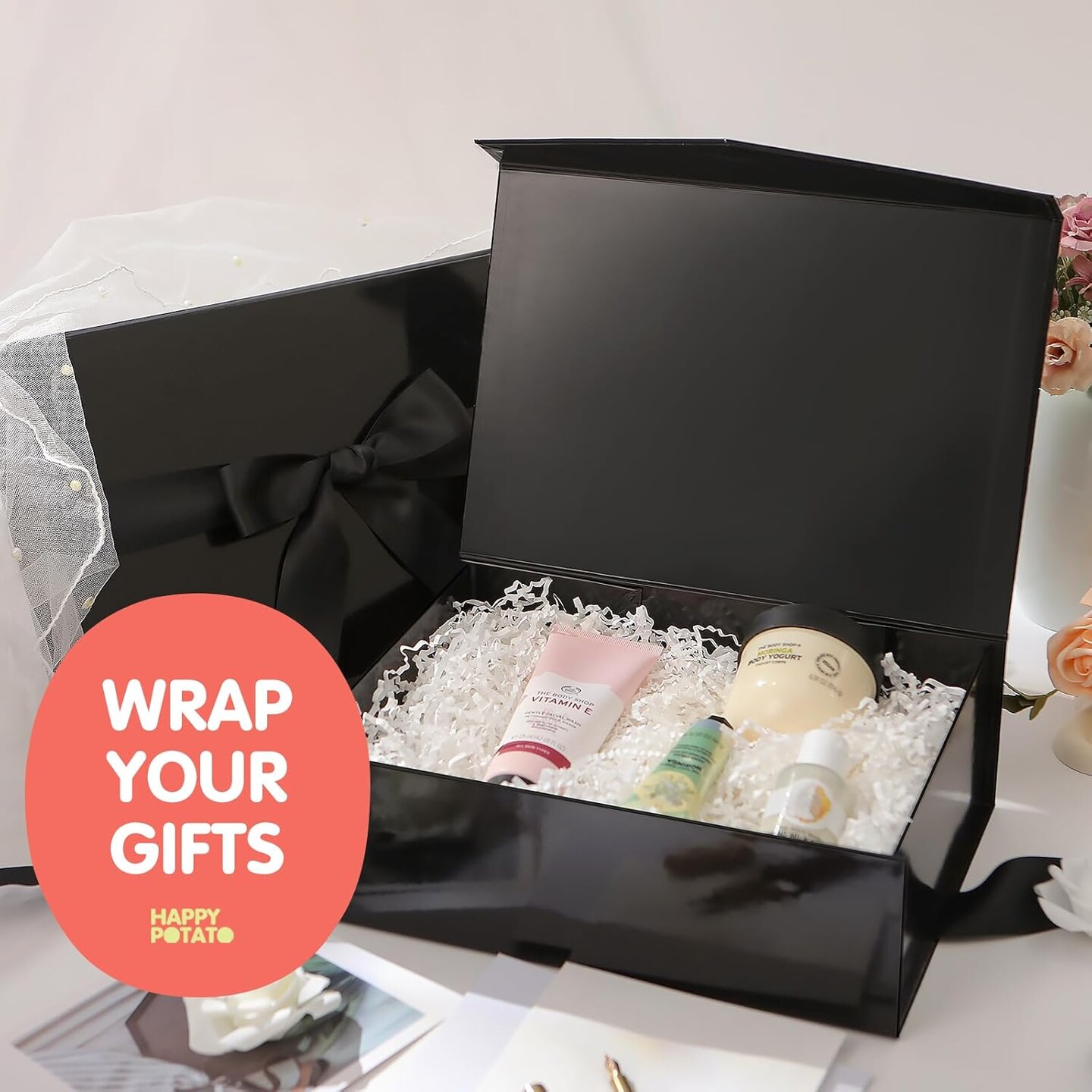 Large Black Gift Box with Ribbon and Lid, 11.5x8.1x3.8 Inches, Groomsman Proposal Boxes, Magnetic Gift Box for Presents (Glossy Black)