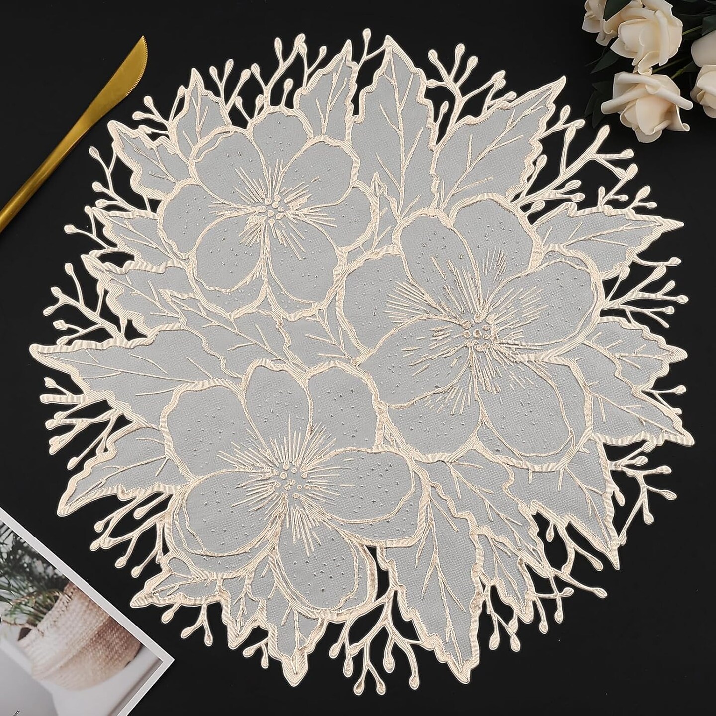 Placemats Set of 6, Gold White Place Mats Pressed Plum Flowers Vinyl Round Table Mats Washable