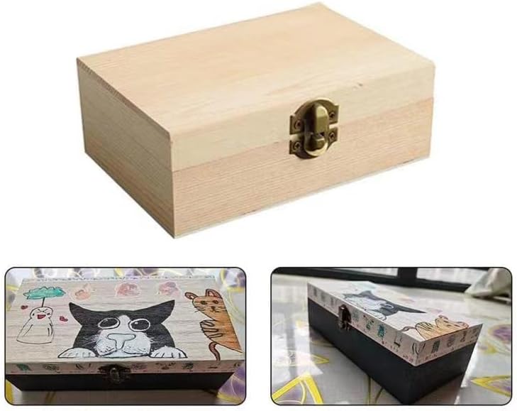 Unfinished wooden box, 8x4x2.3 inch storage box with hinge lid, small wooden box with rectangular souvenir and craft