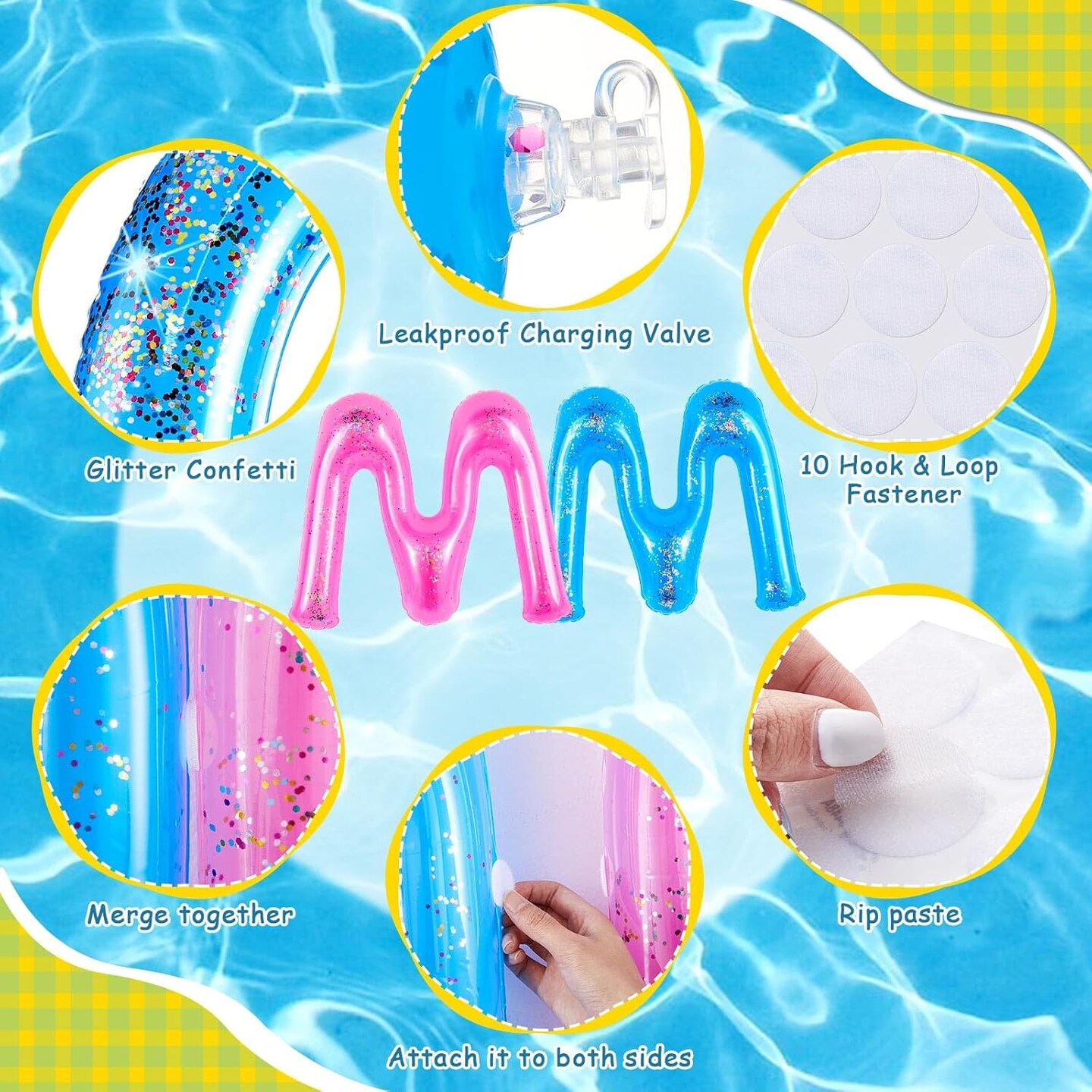 Hello Summer Floating Pool Letters Summer Party Decoration Inflatable Floats Letters Decoration Surfboard Hawaiian Luau Inflatable Signs with 4 Beach Balls