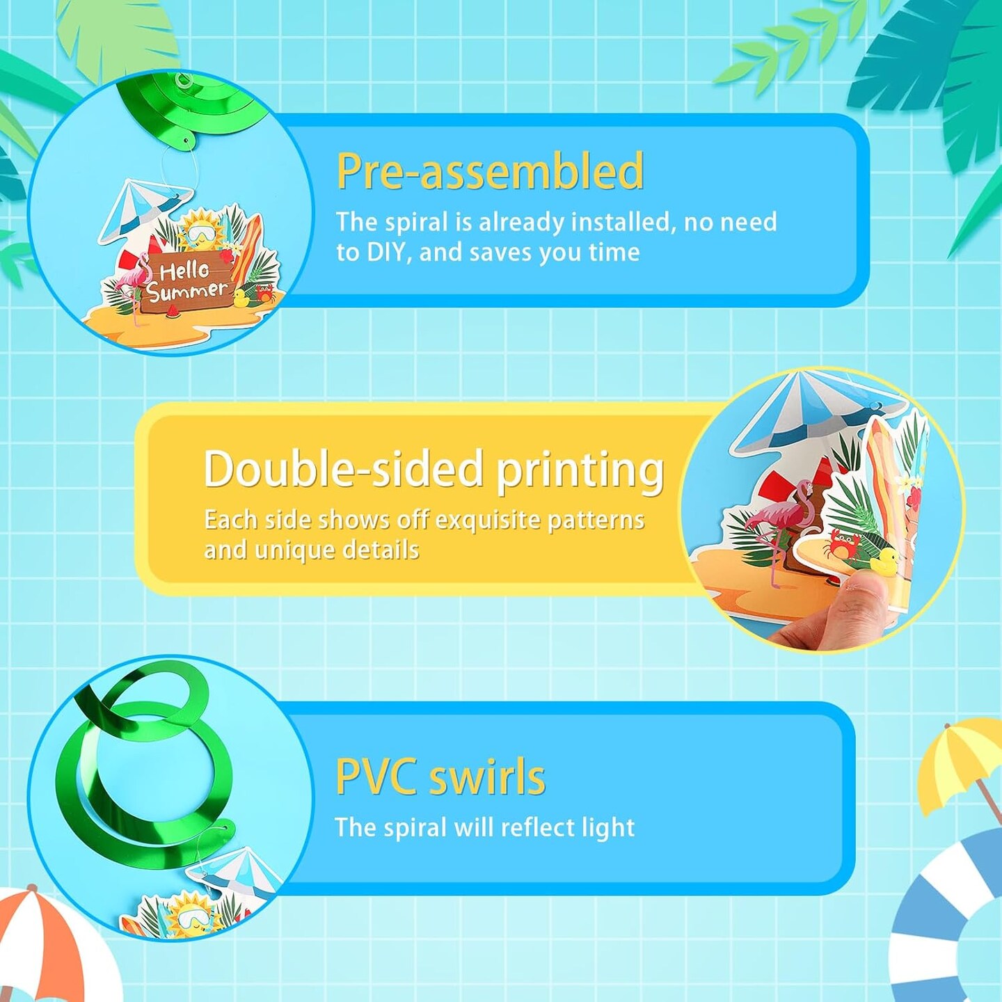Summer Party Decorations, Beach Party Decorations Hello Summer Banner &#x26; No-DIY Pool Party Decorations Hanging Swirls Streamers Ceiling Decor for Kids Luau Hawaii Home Office School Classroom