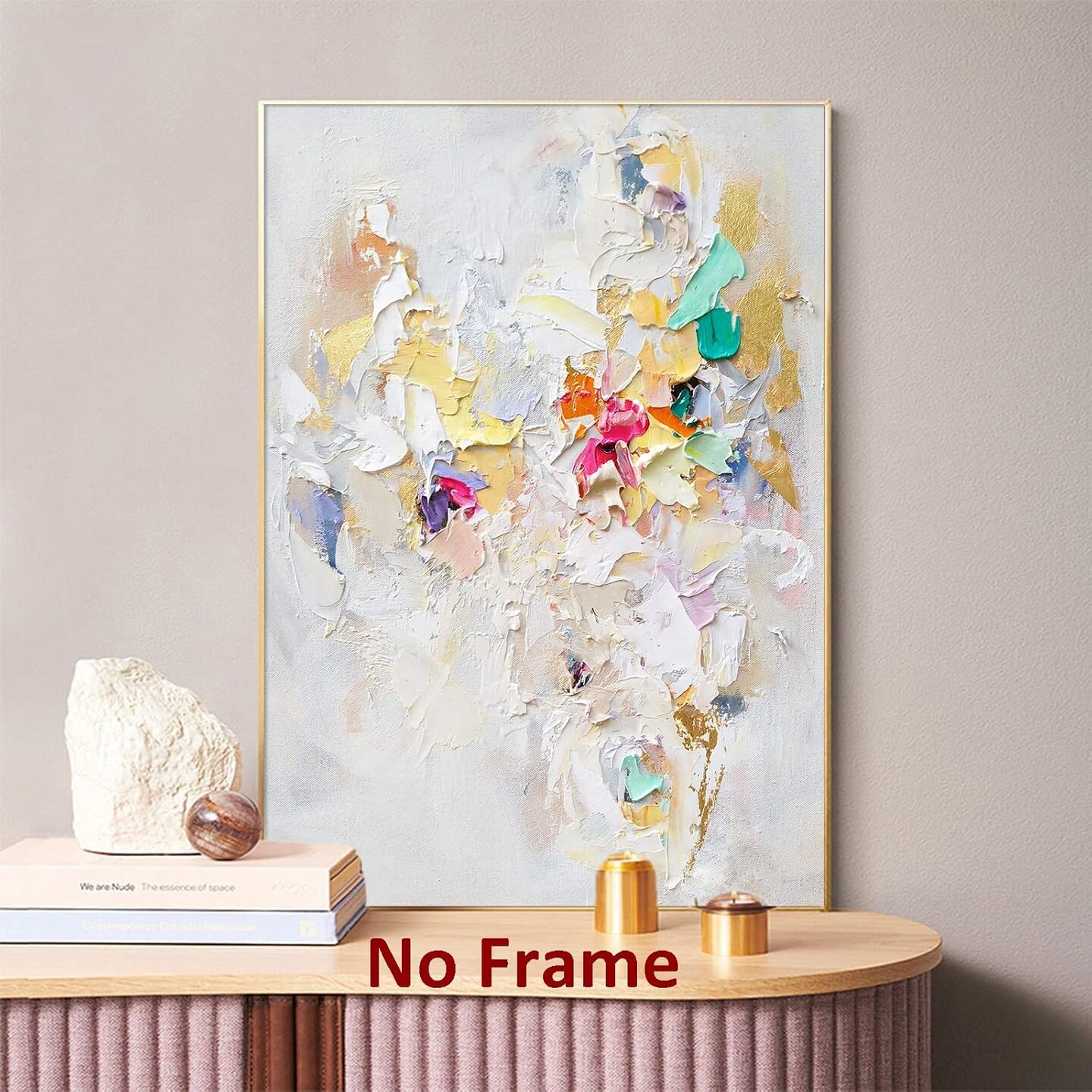 Modern Wall Art, 16x24in Frameless Abstract Painting, White Texture Art, Colorful Yellow Pink and Green, Decorative Wall Art for Living Room Bedroom