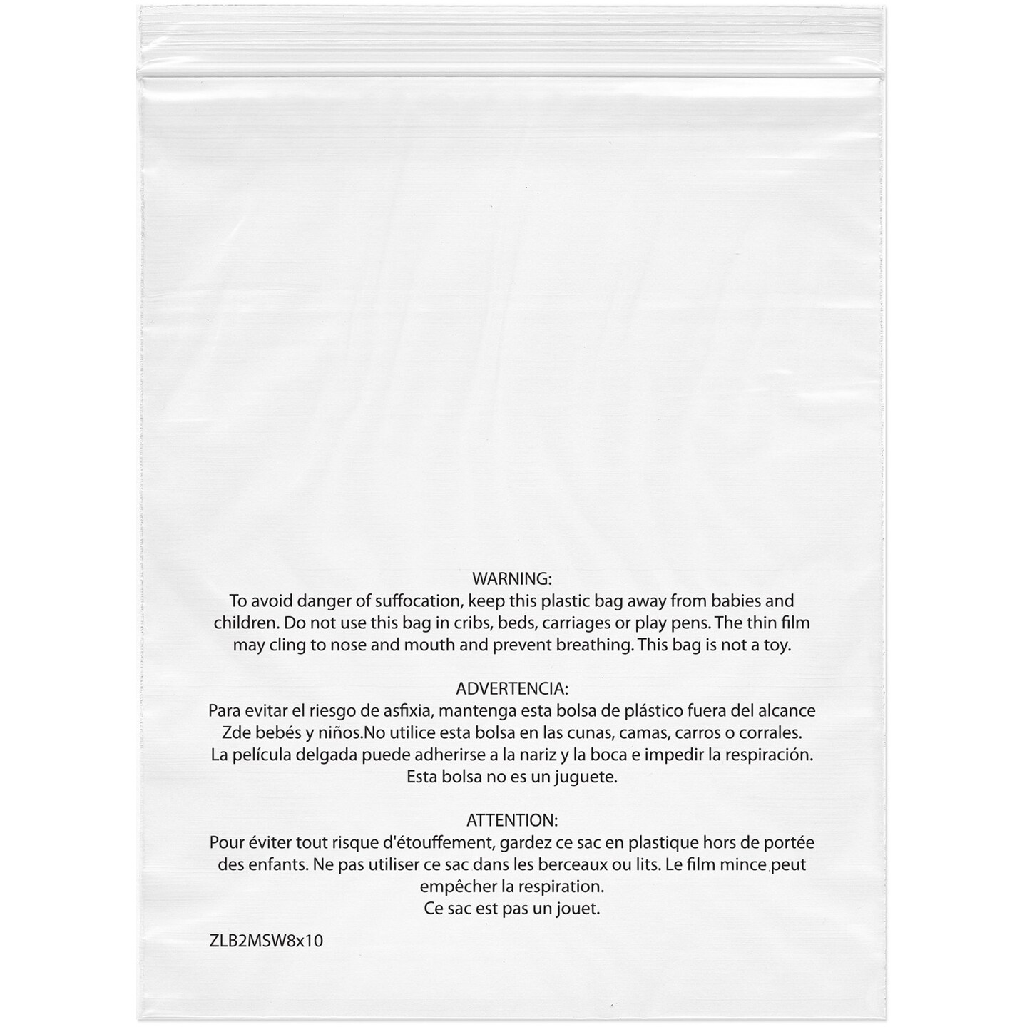 Plymor Zipper Reclosable Plastic Bags With Printed Suffocation Warning, 2 Mil, 10" x 13"