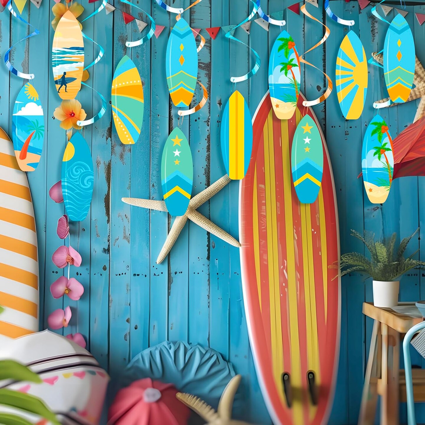 20pcs Surfing Surfboard Party Hanging Swirls Summer Surfing Birthday Party Decoration Surfboard Themed Swirl Ceiling Hanging Streamers for Summer Beach Surf Party Baby Shower Supplies