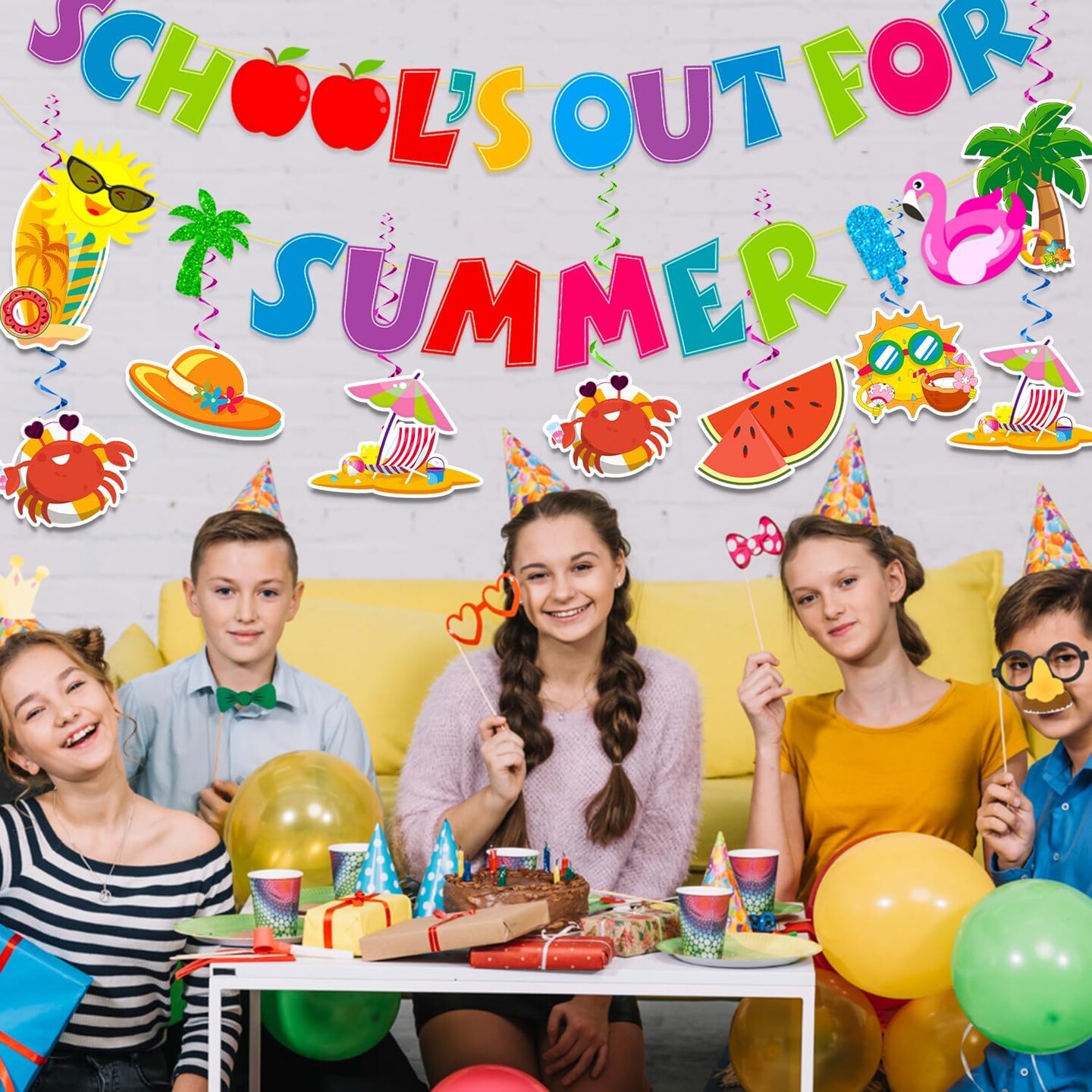 School&#x27;s Out for Summer Banner Summer Party Decorations Include Hello Summer Banner and Hanging Swirls Last Day of School Decorations Pool Party Decorations