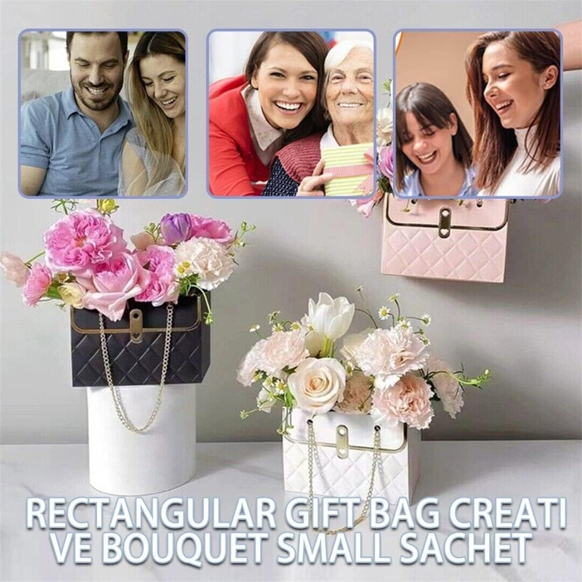 4 PCS Flower Paper Gift Box, Bouquet Storage Bucket Florist Handbag with Metal Chain