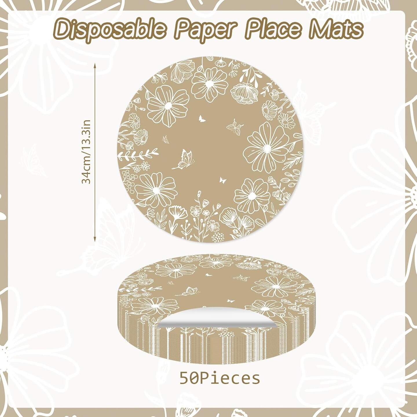 Paper Placemats Disposable 50 Pack Beige Bloom Flowers Place Mats 13.4 Inch Round Spring Floral Table Mats for Dinner Table Setting Birthday Wedding Spring Party Supplies
