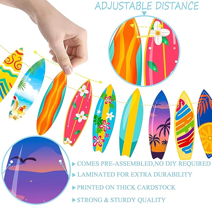 Surfing Happy Birthday Banner Surf Party Supplies Surfing Party Decorations Glitter Surfboard Banner for Summer Hawaiian Beach Birthday Decoration Swimming Pool Hawaii Party Supplies