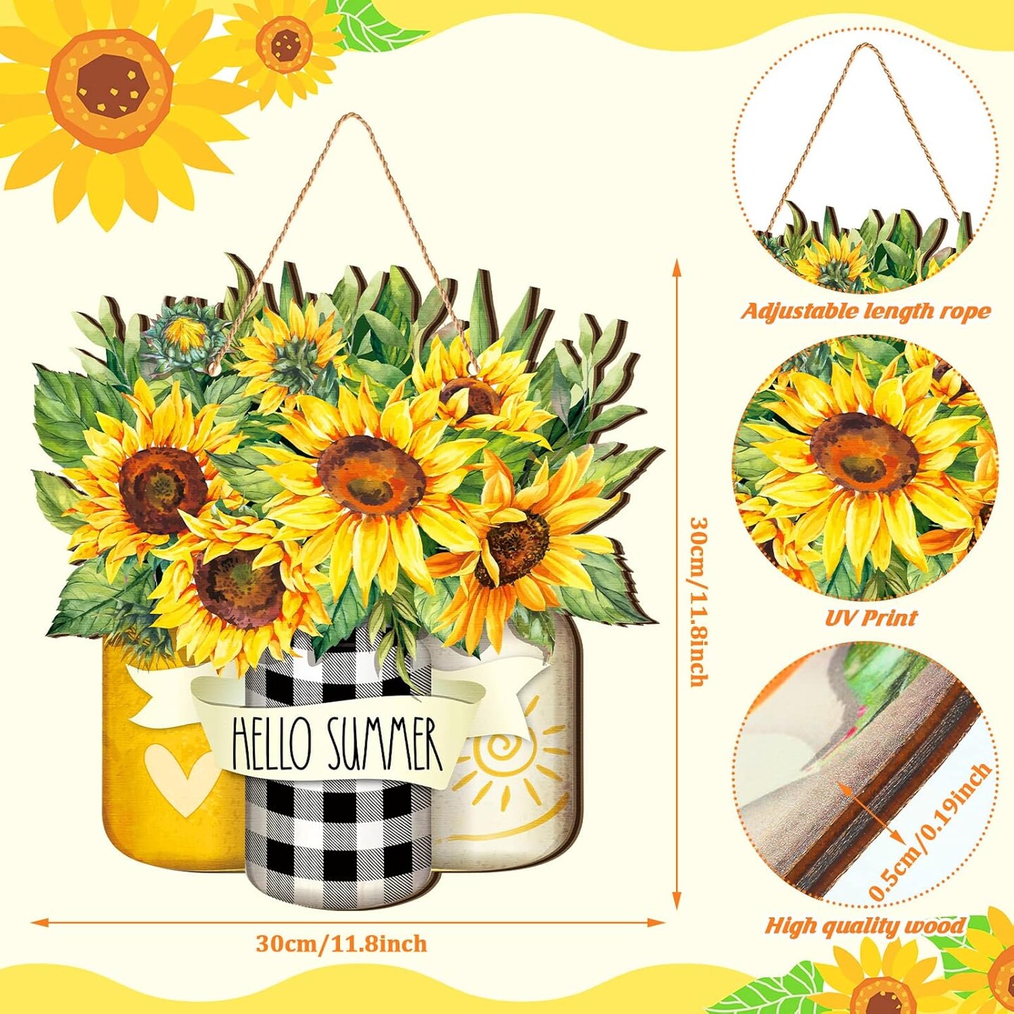 Sunflower Hello Summer Sign Welcome Wood Flower Sign Front Door Decor Inspirational Wood Hanging Door Sign Outdoor Wooden Front Door Decorations for Farmhouse Porch
