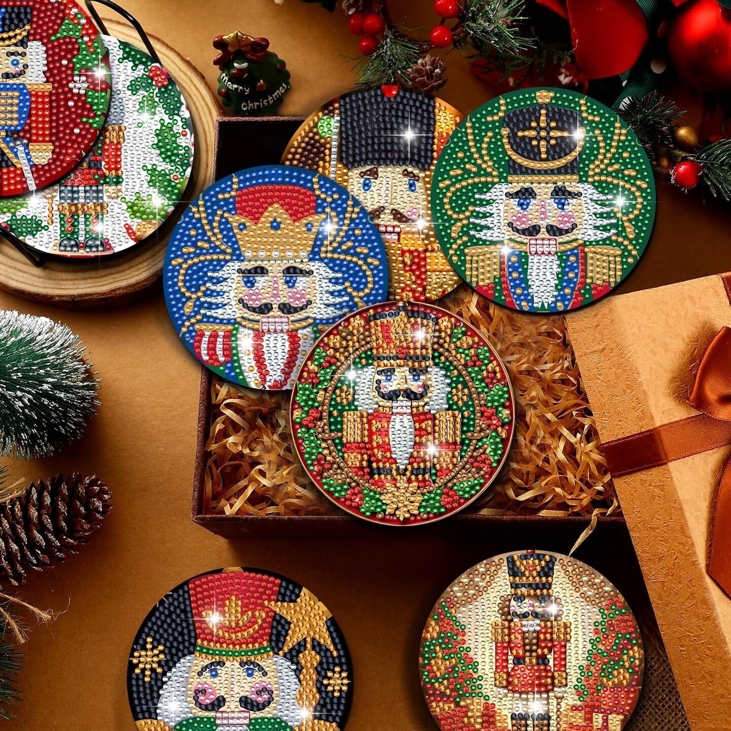 DIY Christmas Soldier Art Coasters with Holder - 8 Pcs Diamond Art Kits for Adults Beginners