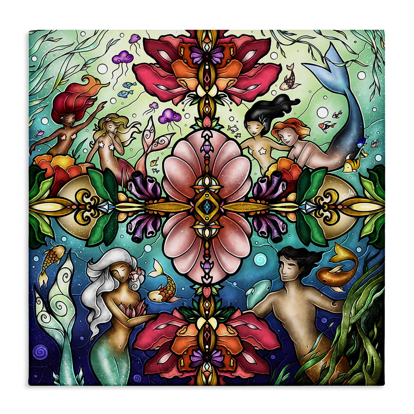 Stupell Industries Detailed Stain Glass Style Mermaids Canvas Design by Mandie Manzano