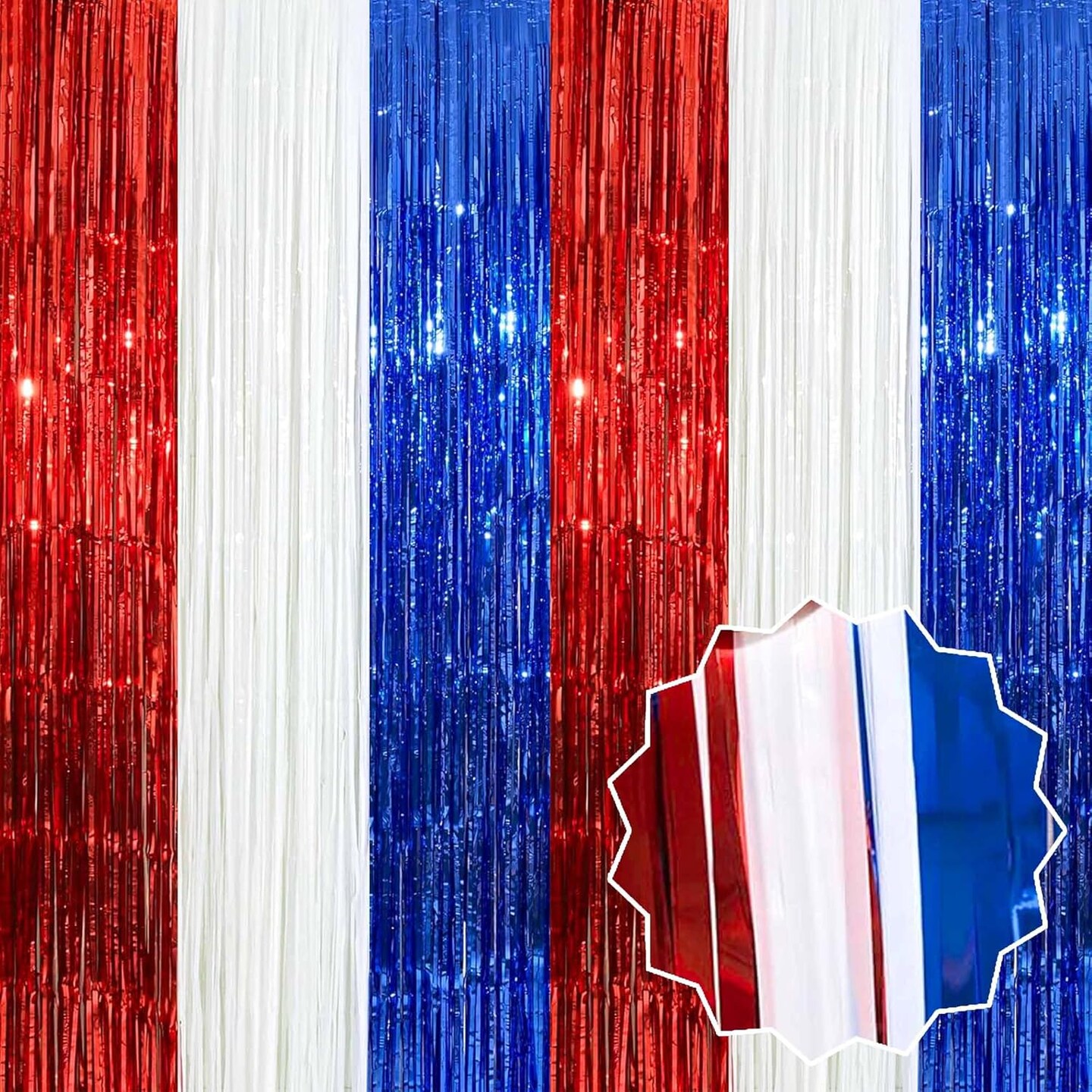 3 Pack White Blue Red Foil Fringe Curtains Backdrop, 3.28 x 6.6 Ft Metallic Streamers Tinsel Curtains Background for Photo Booth, Birthday, Halloween, Christmas, New Year Party Decorations