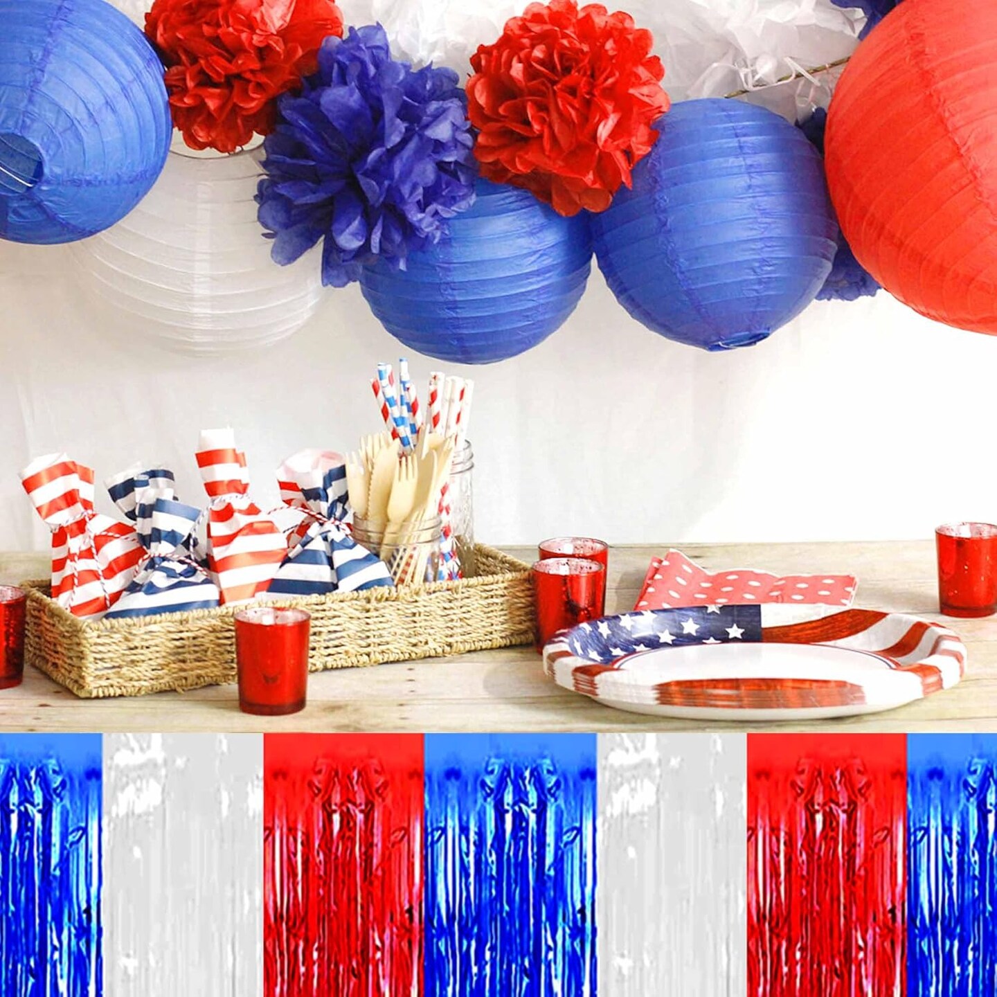 3 Pack 10 Ft White Blue Red Foil Fringe Garland Metallic Streamers Tinsel Banner Wall Hanging Garland Backdrop for Parade Floats, Halloween, Christmas, Thanksgiving, New Year Party Decorations
