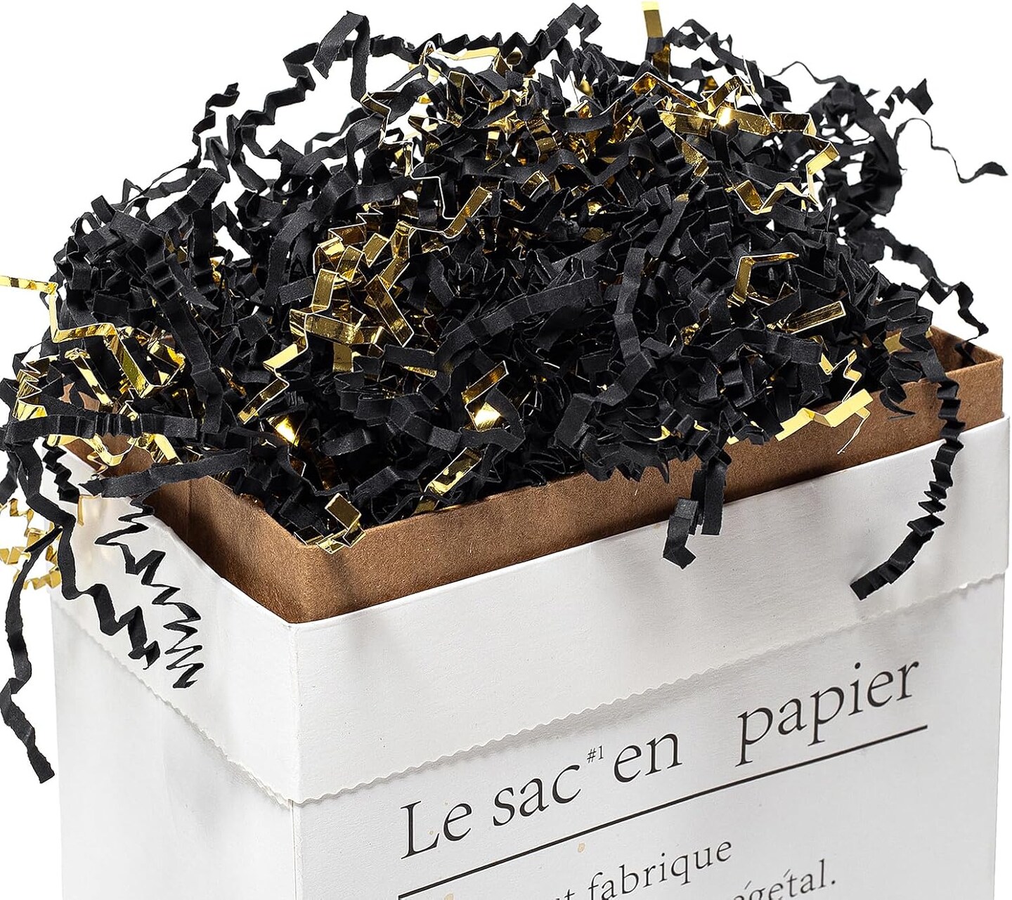 2 LB Crinkle Cut Paper Shred Filler Black &#x26; Gold Crinkle Shredded Paper for Gift Box - Gift Basket Bag Filler - Grass Cushion Stuffing for Christmas Holiday Packaging Wrapping