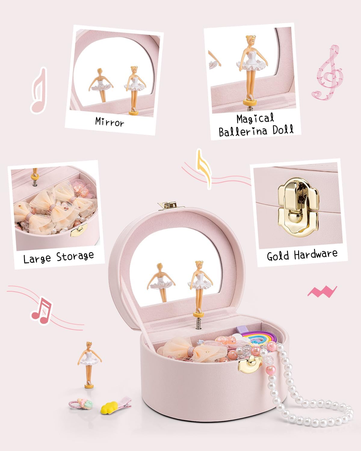 Musical Jewelry Box for Girls, Small Kid Music Box with Ballerina for Birthday Bedroom Decor, Gifts for Girls Kids - Light Pink