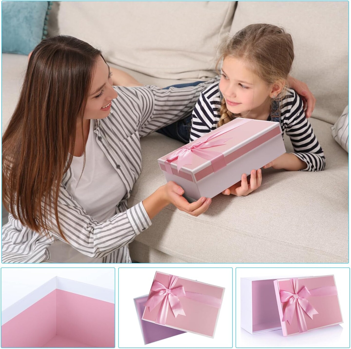 Gift Boxes With Lids For Presents, Set Of 3 Pink Gift Wrap Boxes With Ribbon, Assorted Boxes For Presents, Sturdy & Pre-Wrapped Gift Box