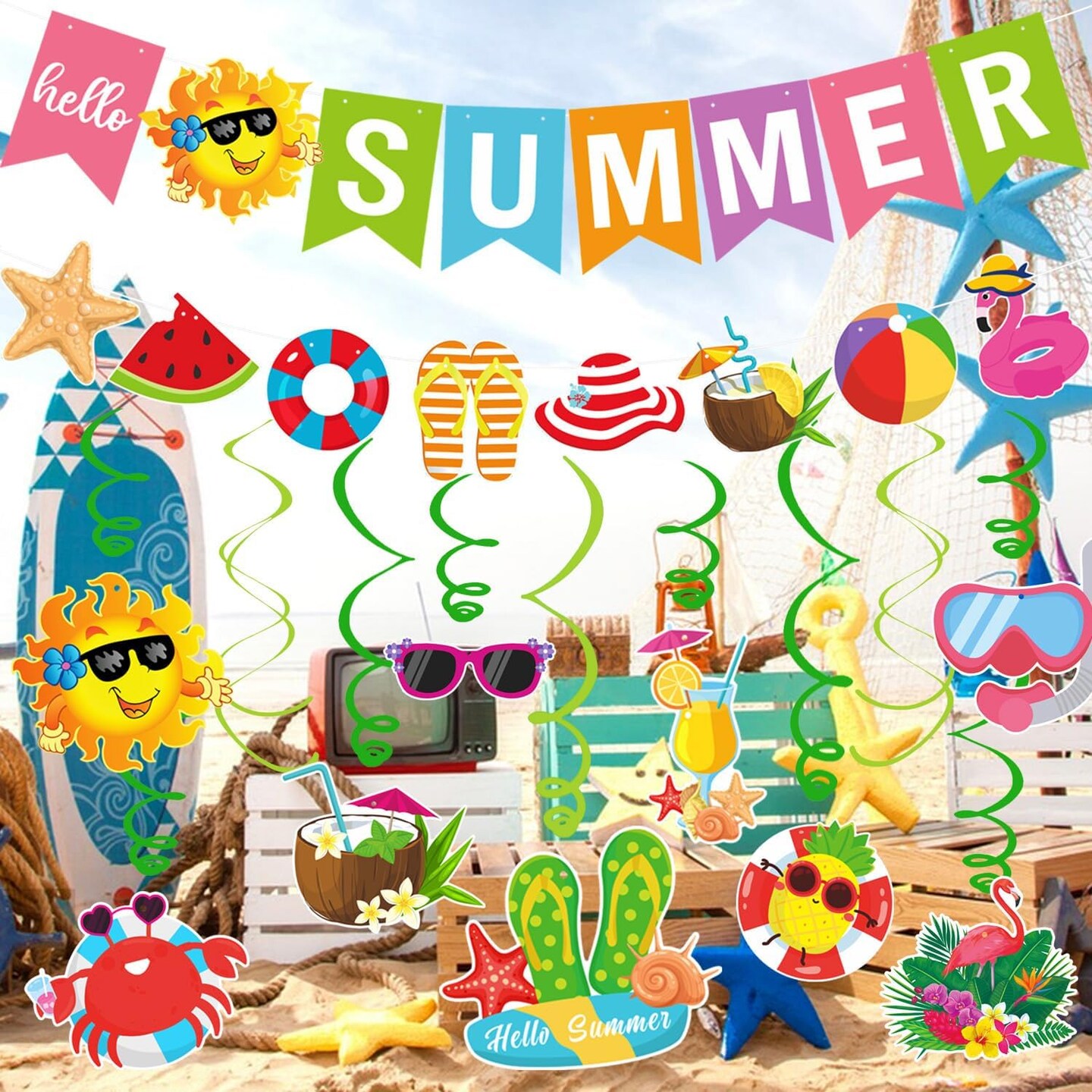 Colorful “Hello Summer” Party Decorations Set – Beach & Pool Theme Banner, Hanging Swirls & Vacation Garland for Summer Holiday Parties