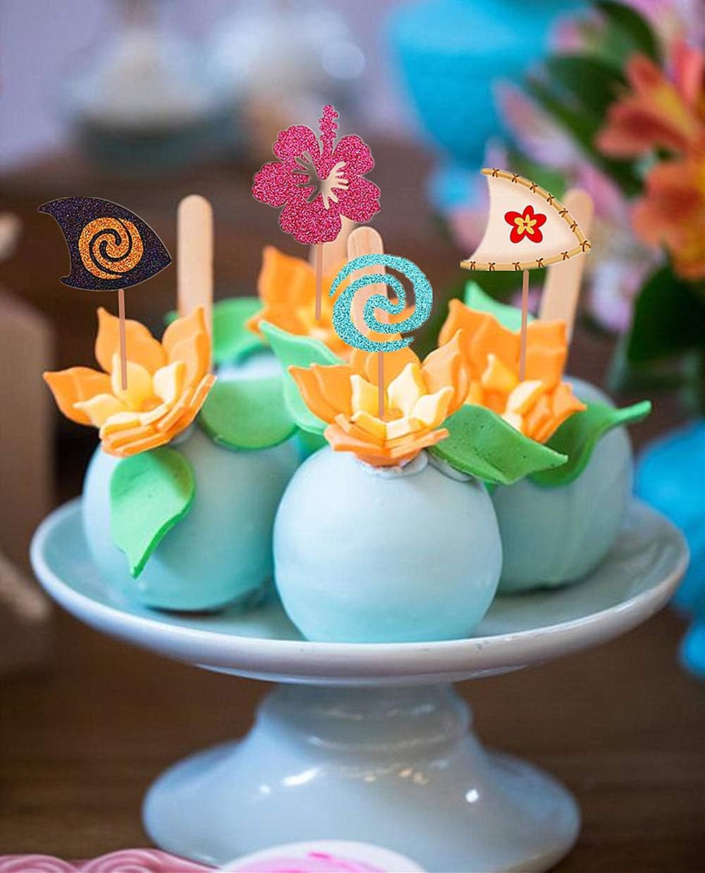 30 Pcs Glittery Moana Inspired Cupcake Toppers Moana Cake Toppers Hawaiian Birthday Party Decoration for Tropical Luau Summer Party Baby Shower Wedding