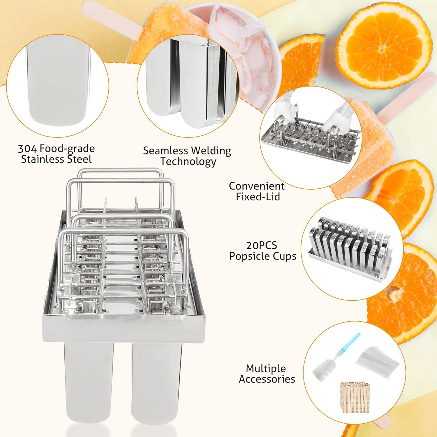 Stainless Steel Popsicle Molds Commercial Ice Pop Molds 20PCS Ice Lolly Popsicle Mould Ice Cream Maker Mold Stick Holder with Lid Single Cup Capacity 108g