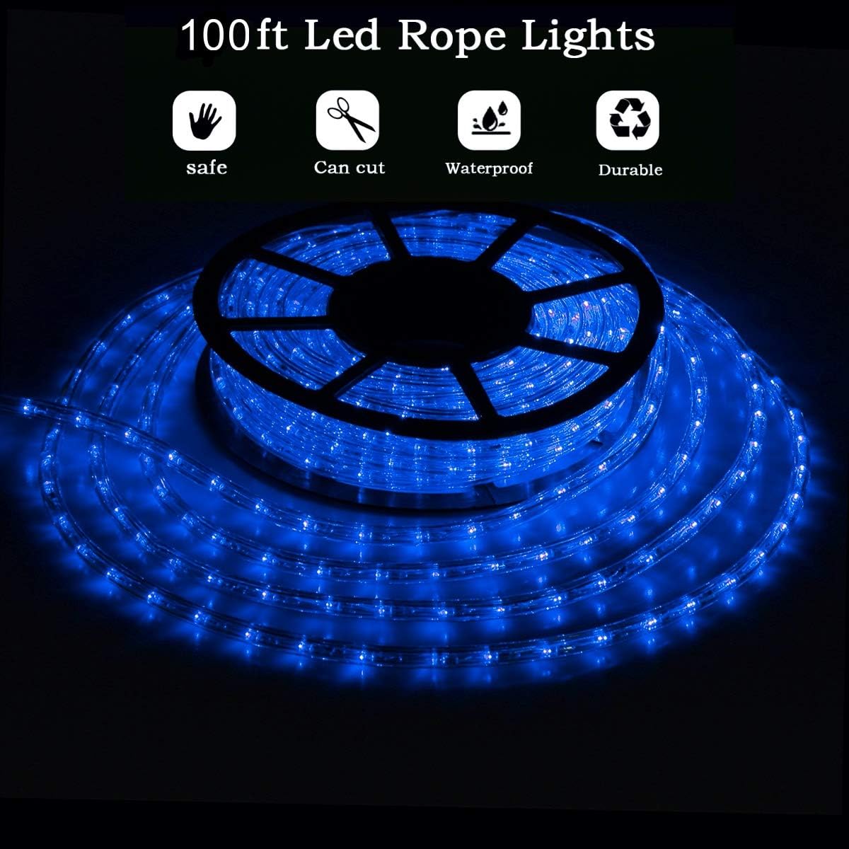 100Ft Blue LED Rope Lights, Outdoor String Lights Waterproof Decorative Lighting for Indoor/Outdoor, Camper Lights for Outside, Deck, Patio, Eaves, Backyards Garden, Christmas Decorations