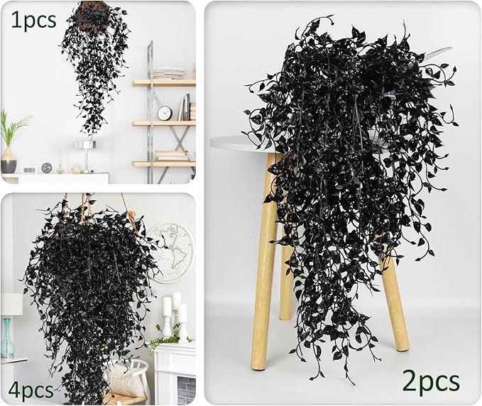 Black Artificial Hanging Plants 4PCS 33in Fake Wall Plant Faux Eucalyptus Leaves Ivy Swag UV Resistant Hang Plastic Greenery Indoor Outdoor Wedding Halloween Porch Garden Home Patio Decor