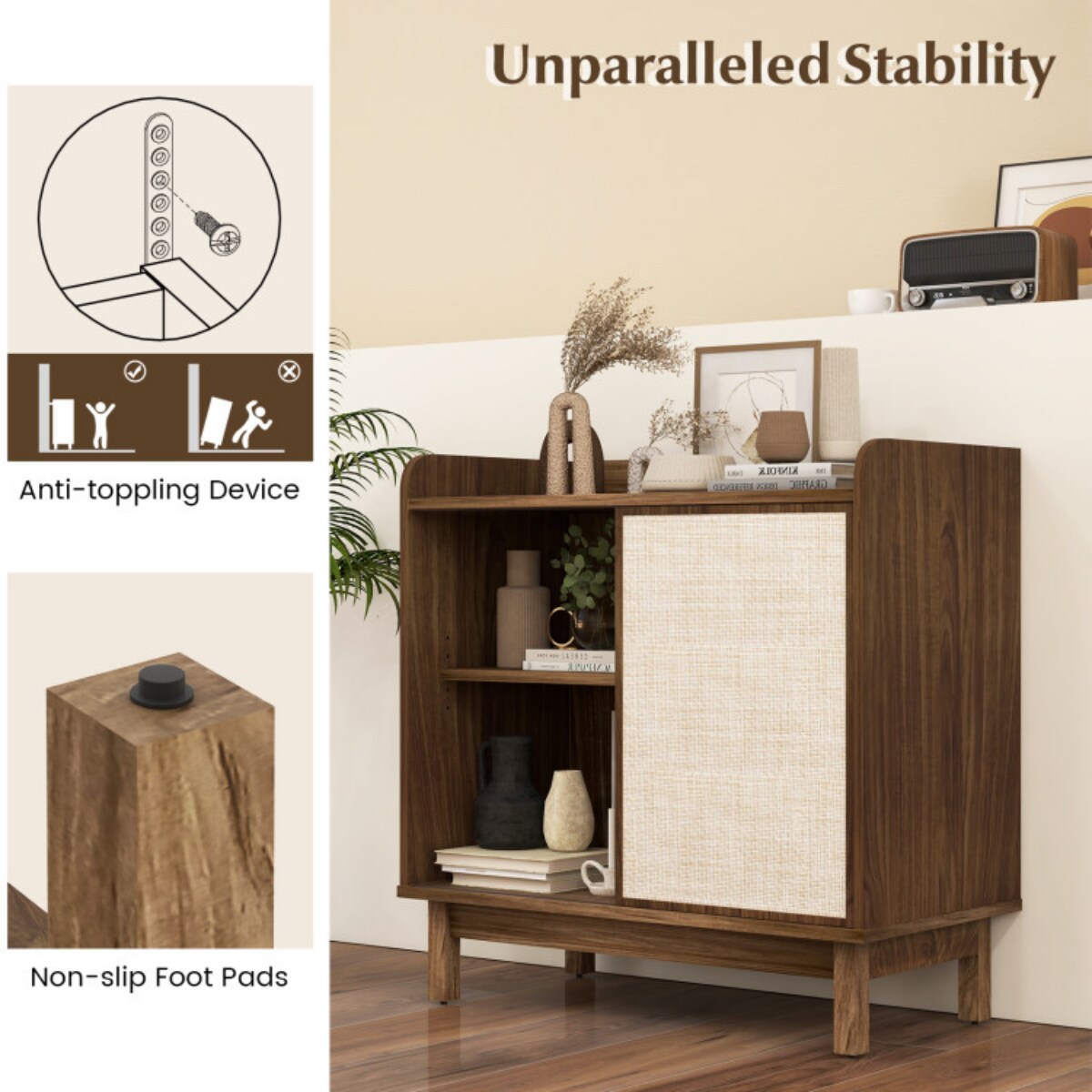 Mid Century Rattan Sideboard Cabinet Sliding Door Adjustable Shelves Walnut Beige