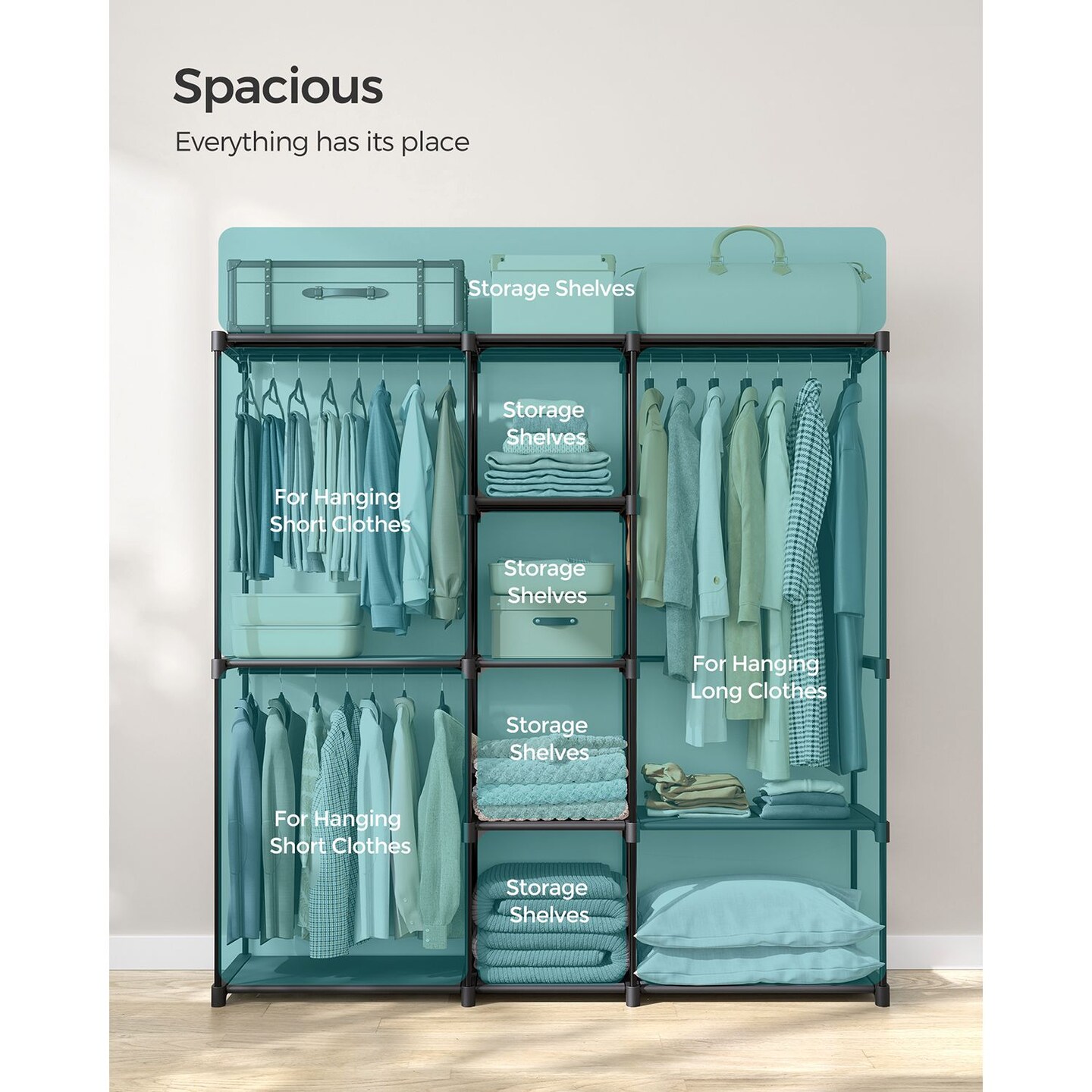 Black Metal Tubes & Plastic Connectors Fabric Shelves Portable Closet Wardrobe Rack, 3 Hanging Sections, Adjustable Shelving Design, Heavy-Duty Storage Organizer