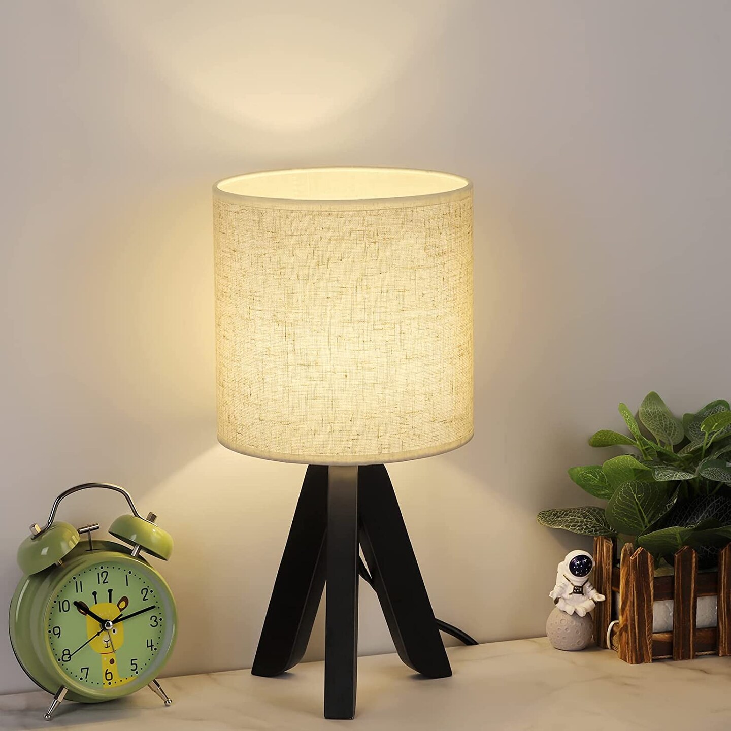 Black Wooden Tripod Table Lamp, E26 Linen Fabric Shade Bedside Night Lamp with 68In UL Long Cord & Inline Switch