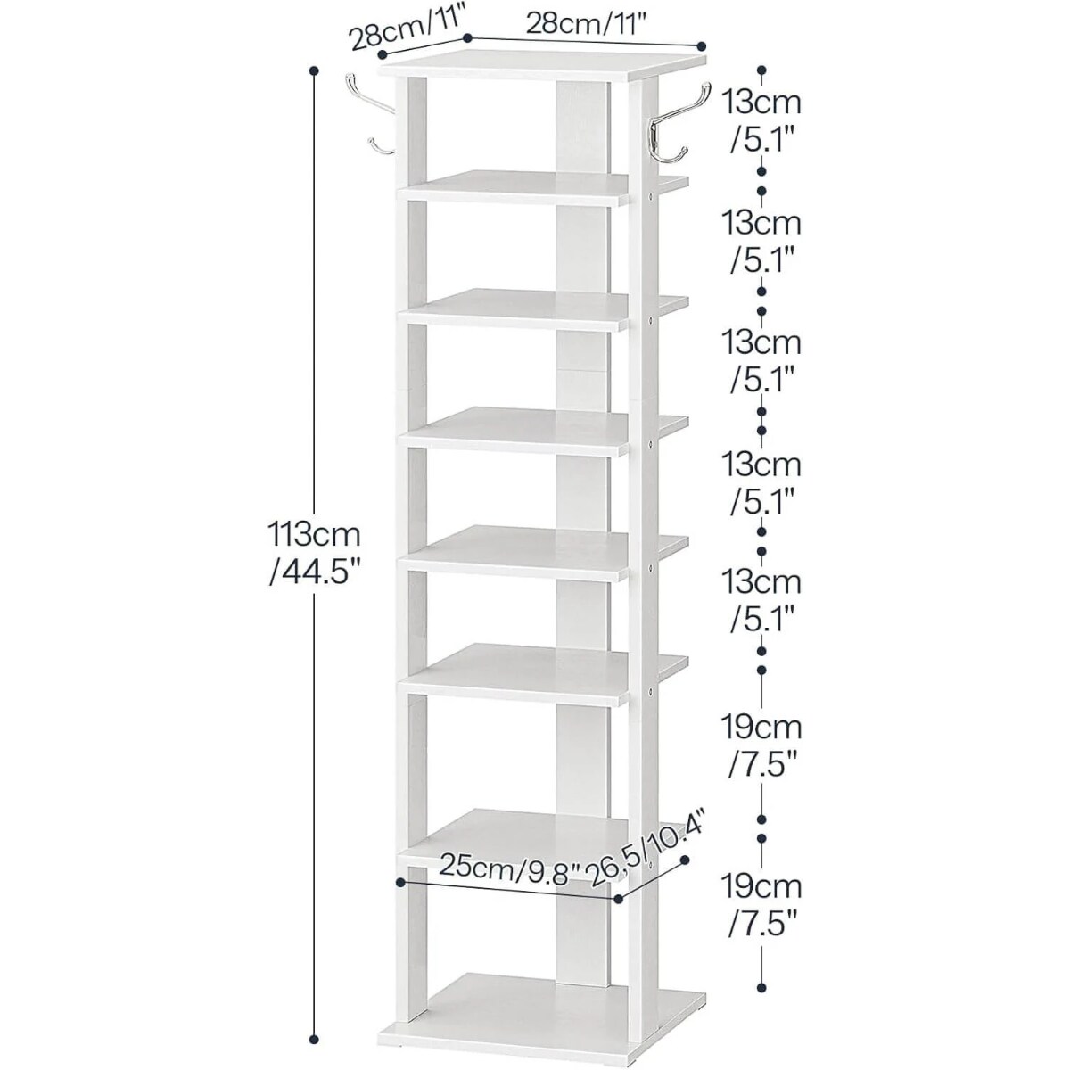 8-Tier White Shoe Rack with Side Hooks, Vertical Entryway Organizer