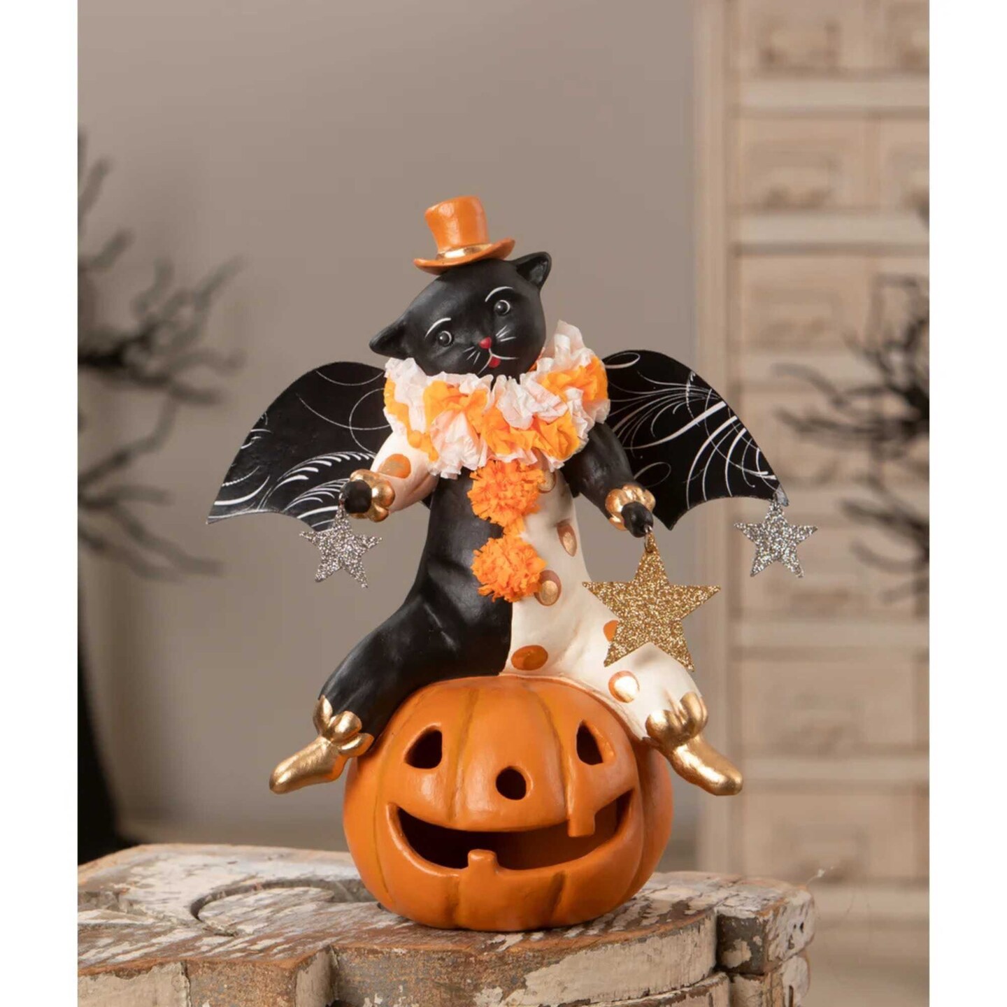 Bethany Lowe 10.0 Inch Clowning Cat On Jack Halloween Figurine , Portable Halloween Decor Halloween Pumpkin