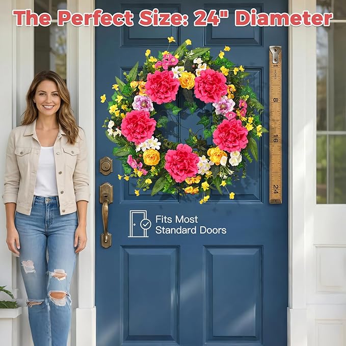 Spring Summer Wreaths for Front Door, 24 Inch Large Spring Summer Door Wreath with Vibrant Peonies Hibiscus Flowers, Spring Wreath for Front Door Farmhouse Porch Wall Window Indoor Outdoor
