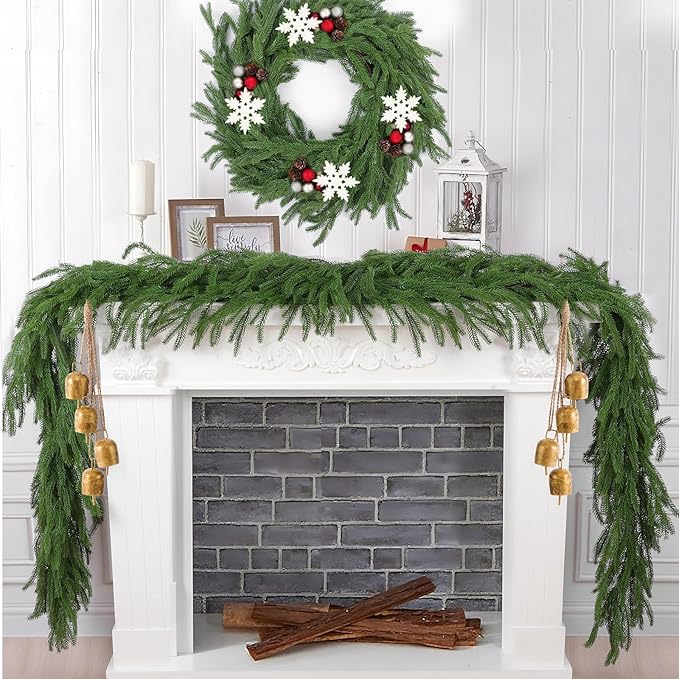 2 Pcs 6 Ft Artificial Norfolk Pine Garlands, Real Touch Winter Pine Garland, Green Artificial Greenery Garland for Table, Mantle, Wall, Indoor, Outdoor Christmas Decorations (2, 6 FT)