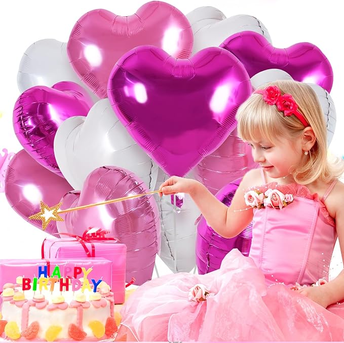 30Pcs 18 Inch Pink White Heart Balloons Hot Pink Heart Shape Foil Mylar Balloons Decoration for Birthday Valentine's Day Wedding Bridal Shower Anniversary Engagement Party Supplies