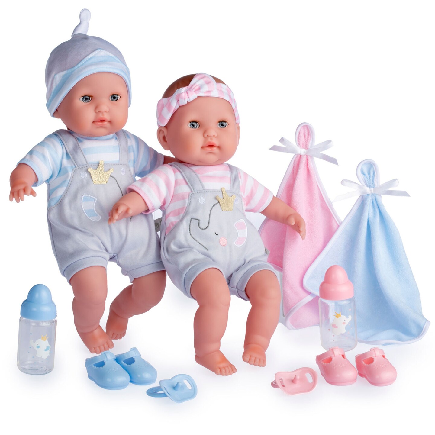JC Toys Twin Nonis Boutique 15" Realistic Pink & Blue Soft Body Baby Dolls with Open/Close Eyes |Accessory Gift Set| Ages 2+