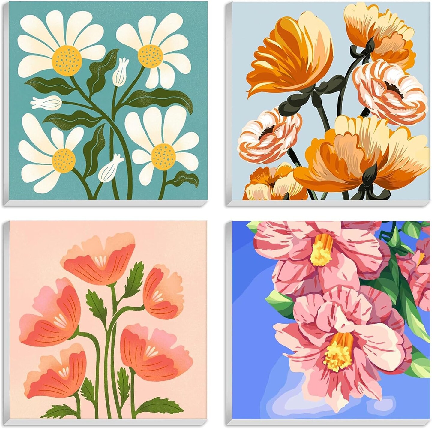 Flowers Paint by Number for Adults Canvas Framed, 4 Pack 10&#x22;x10&#x22; Easy Framed Paint by Number Kits for Beginner Kids, DIY Simple Flowers Acrylic Oil Painting Number Kits with Frame