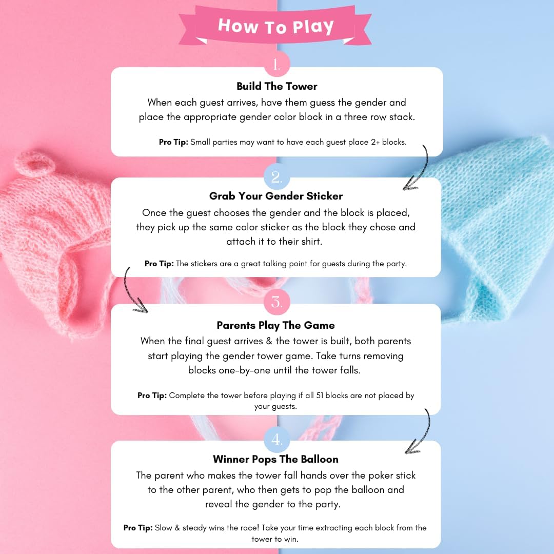 Gender Reveal Game &#x2013; Baby &#x26; Pregnancy Party Ideas With Gender Reveal Balloon &#x26; Poker, 51 Pink &#x26;&#x202F;Blue Wooden Blocks, Team Boy&#x202F;or&#x202F;Girl Stickers, Glitter | Baby Shower Games &#x26; Decorations