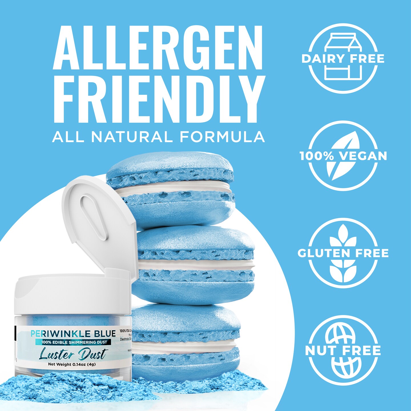 Bakell - Periwinkle Blue Luster Dust (4g, 1x Jar) Edible Vegan Dust & Paint for Baking, Desserts and Beverages