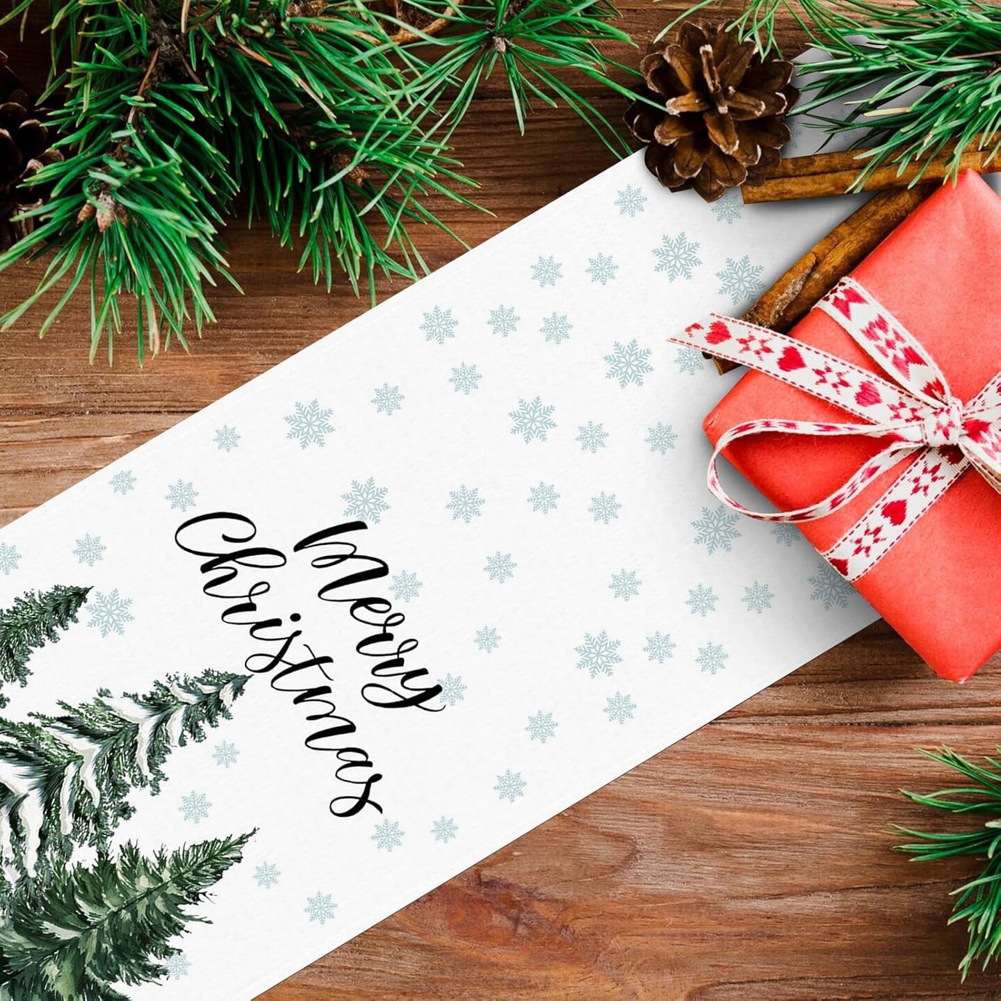 72 x 13 Inch Merry Christmas Table Runner - Snowflakes and Pine Trees Pattern for Holiday, Home, Kitchen, Mantel, Dining Table Decor, Winter Xmas Party Supplies