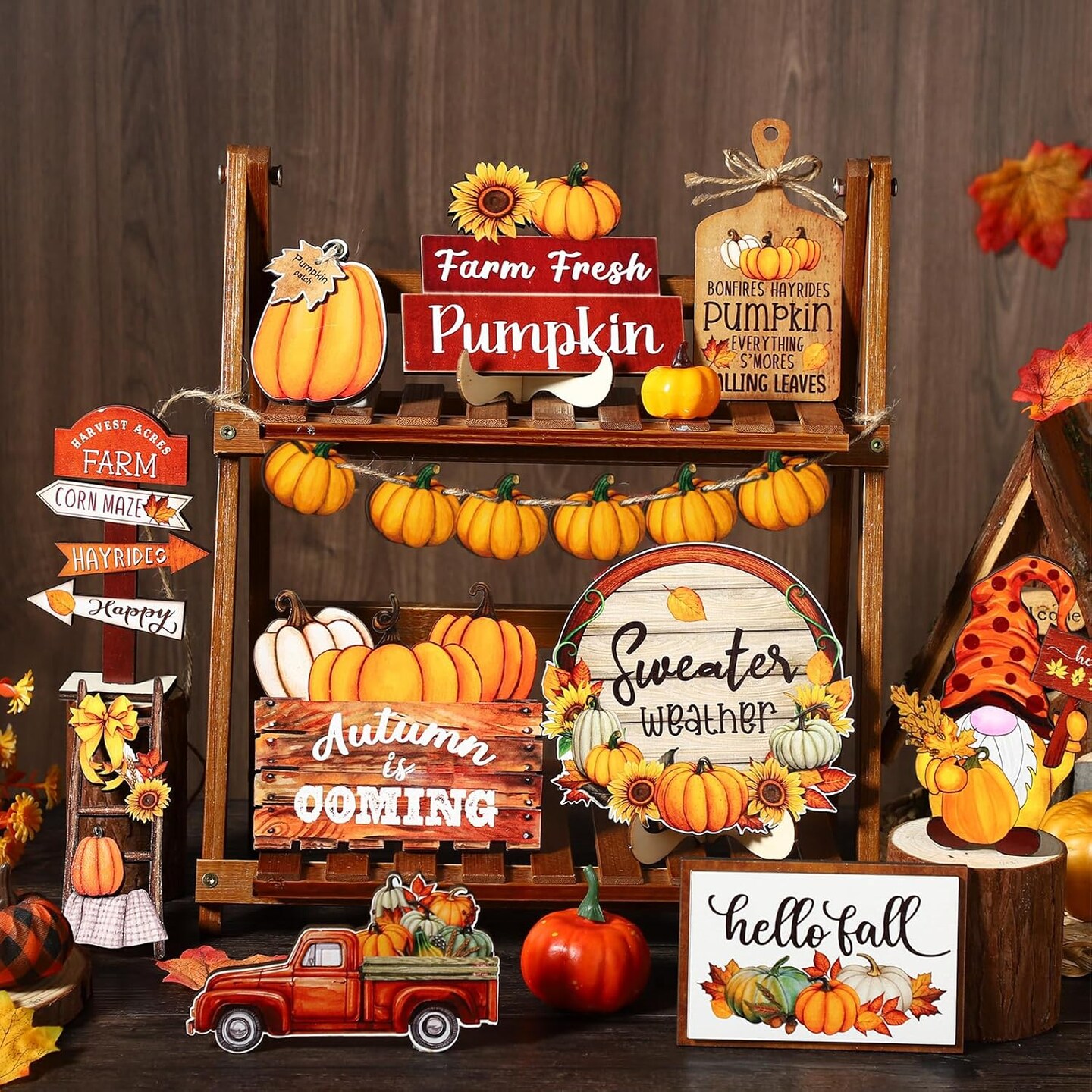 16 Pcs Fall Tiered Tray Decor Pumpkin Gnome Truck Wooden Signs Fall Table Decorations Centerpieces Farmhouse Decor for Home Autumn Harvest Table Shelf Decor