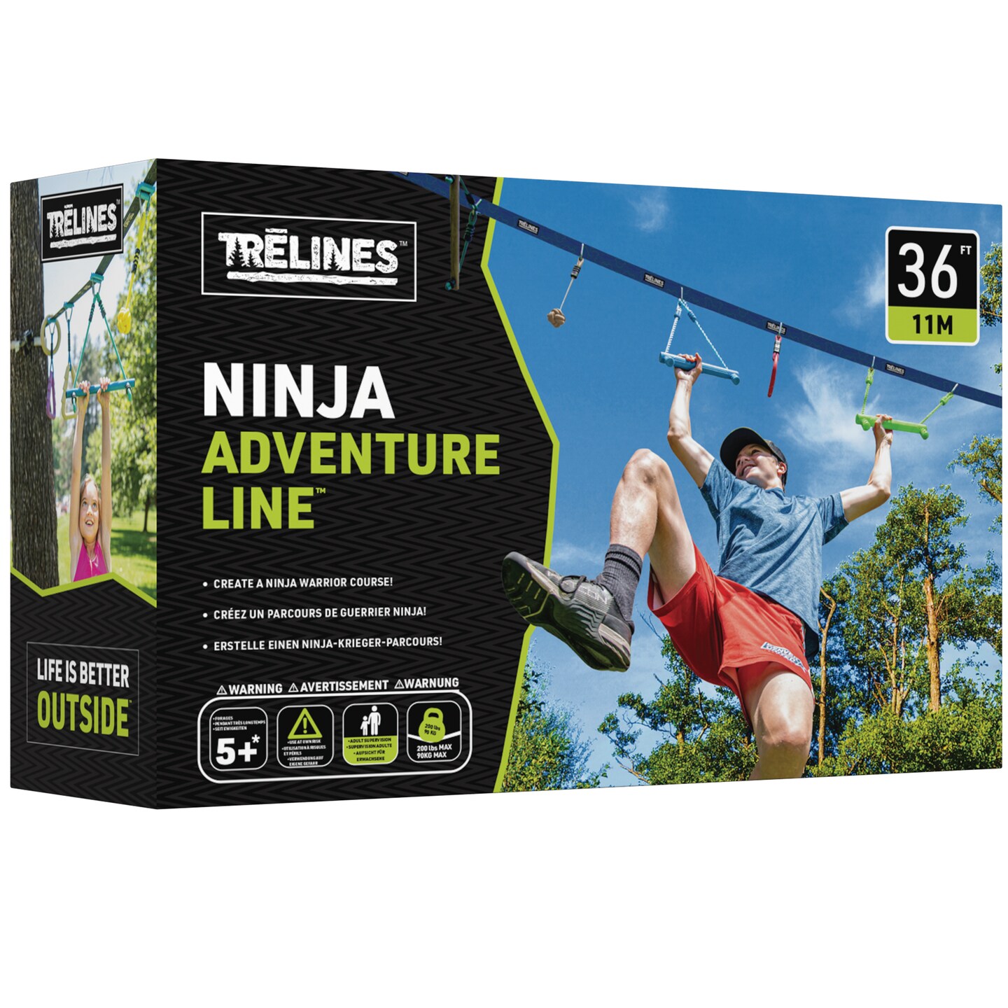 Trelines: Ninja Adventure Line 36 ft - Outdoor Ninja Warrior Course, Monkey Bars, Rings, Ratchet Setup Between 2 Trees, 250lb Cap, Adult Kid Ages 5+