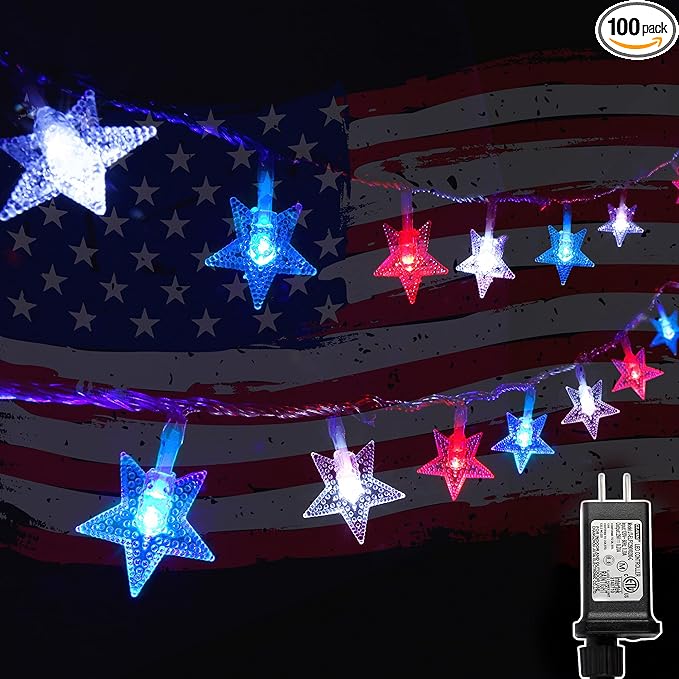 4th of July Decoration Lights, 100 LED 49FT Red White Blue Star String Lights, Plug in Fairy String Lights Waterproof, Extendable for Indoor, Outdoor, Independence Day Decor